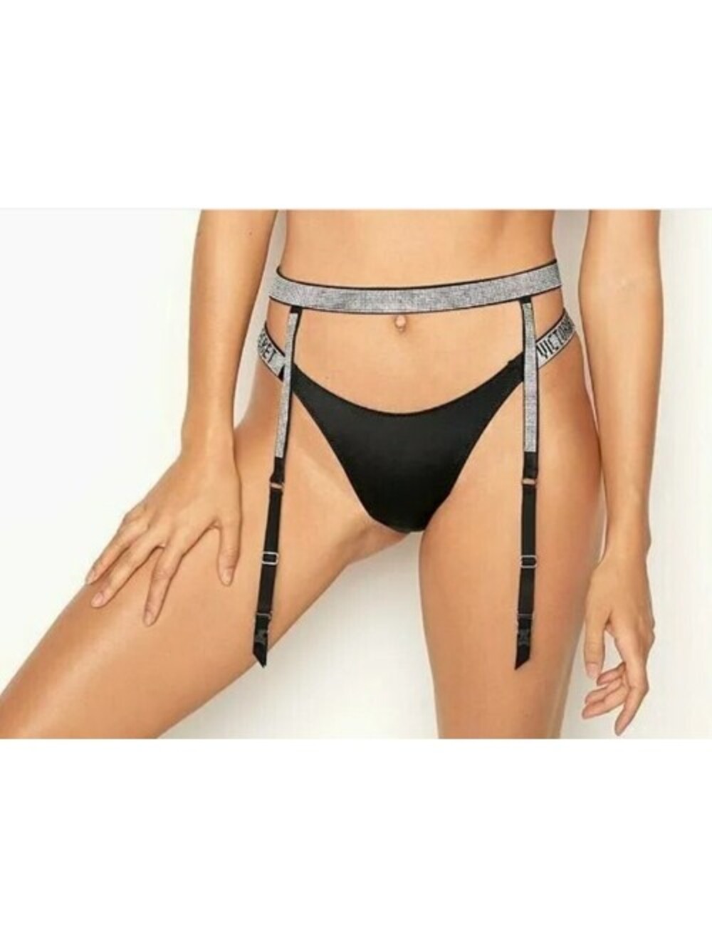 VICTORIA'S SECRET VERY SEXY SHINE STRAP GARTER BELT BLACK NWT RHINESTONES XS/S